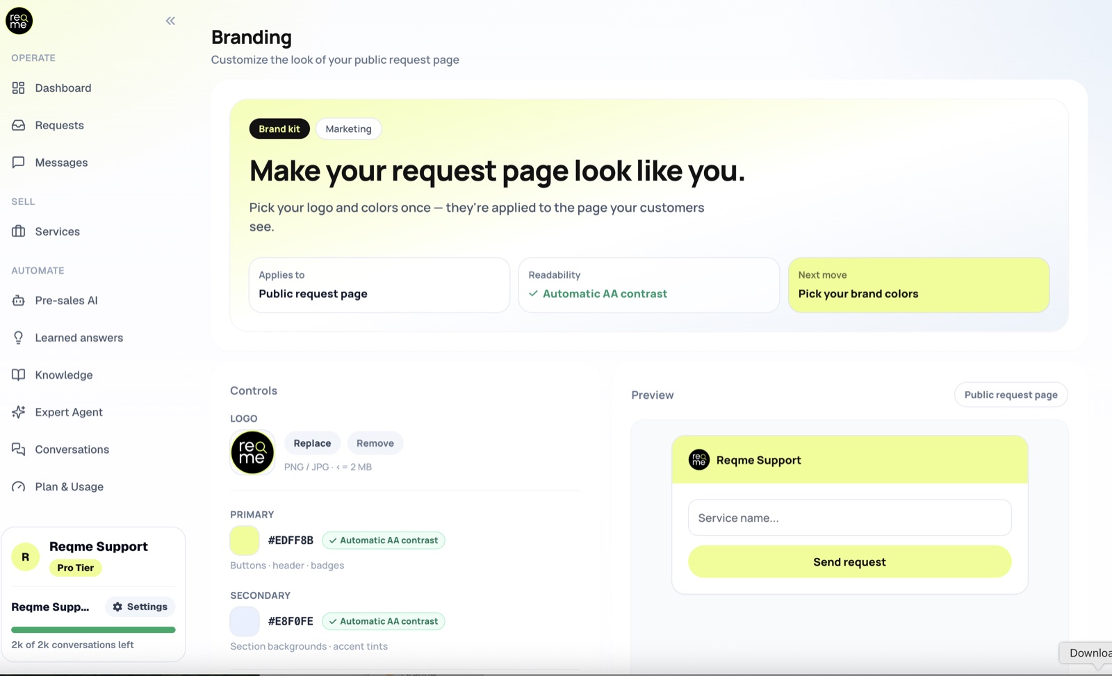 The ReqMe Branding page showing logo controls, primary and secondary colour pickers and a live preview of the public request page