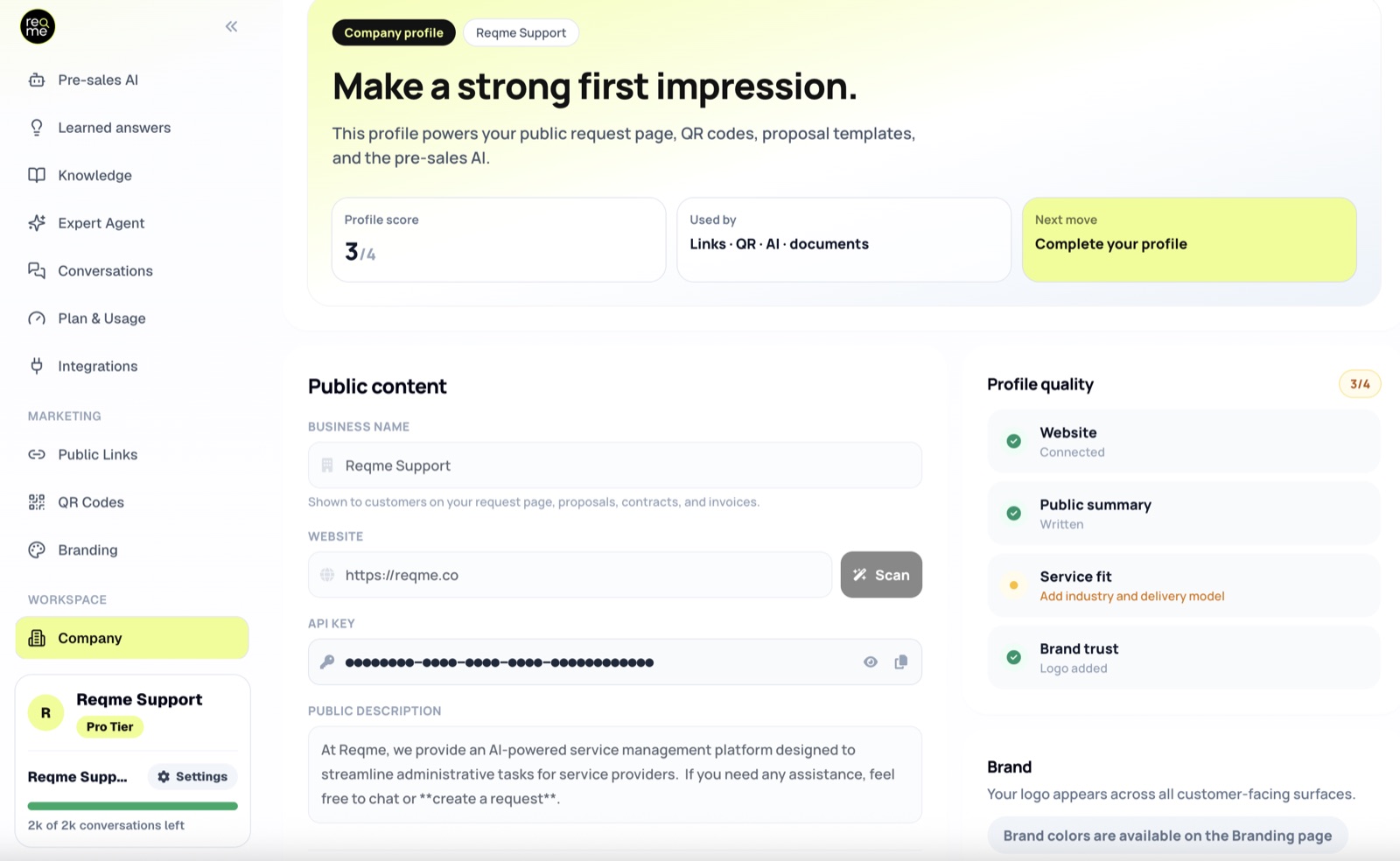 The ReqMe Company profile page showing business name, website, API key and public description, with the profile quality checklist