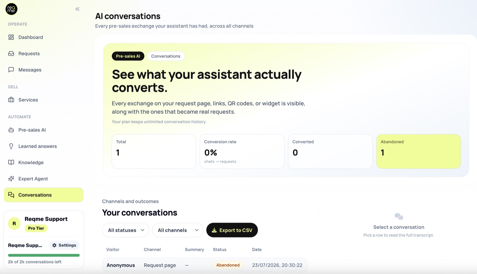 The AI conversations list in ReqMe