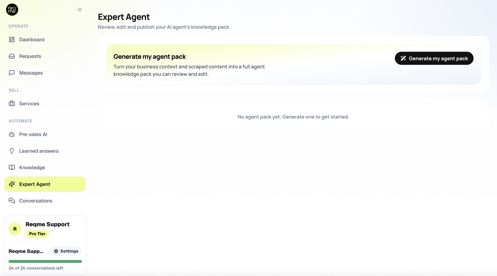 The Expert Agent screen in ReqMe