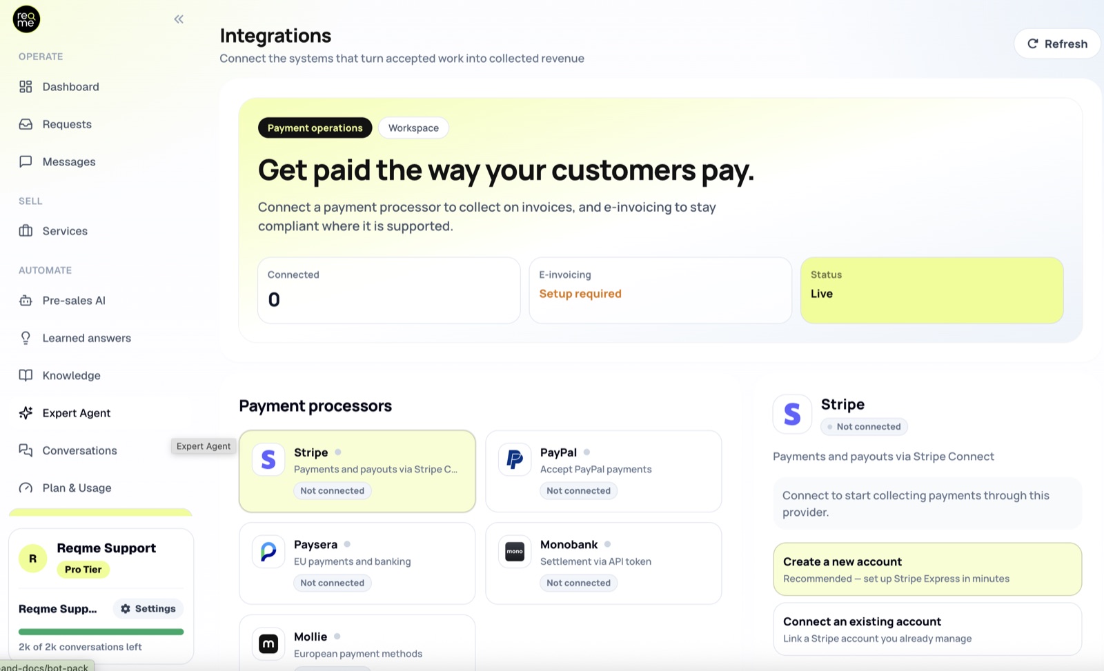 The Integrations screen showing five payment processors
