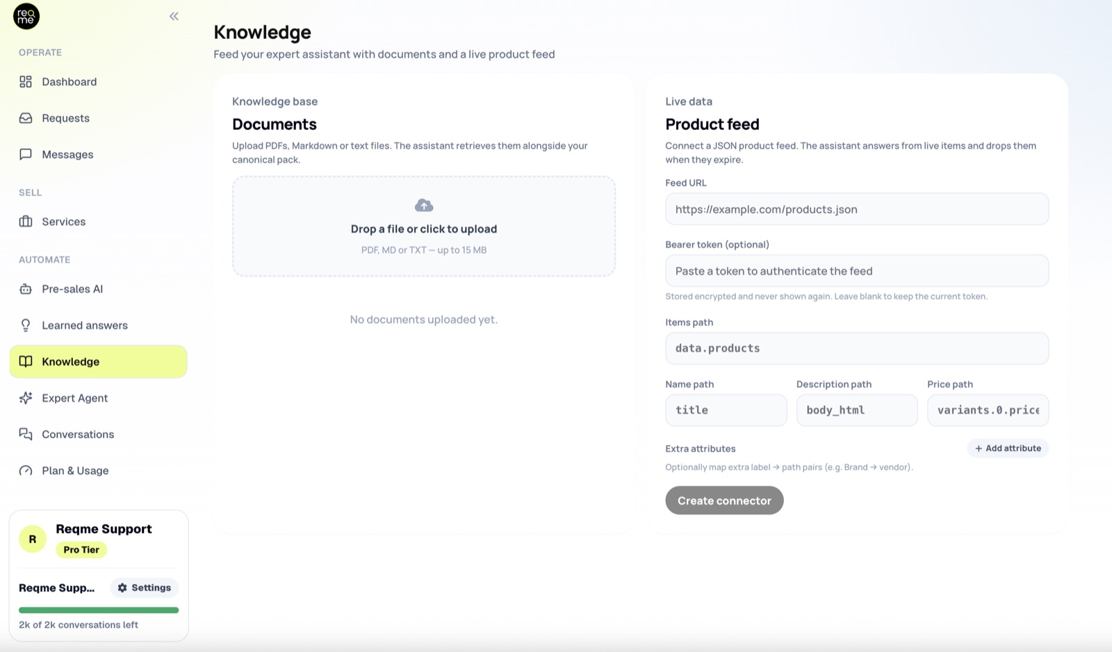 The Knowledge screen showing documents and product feed