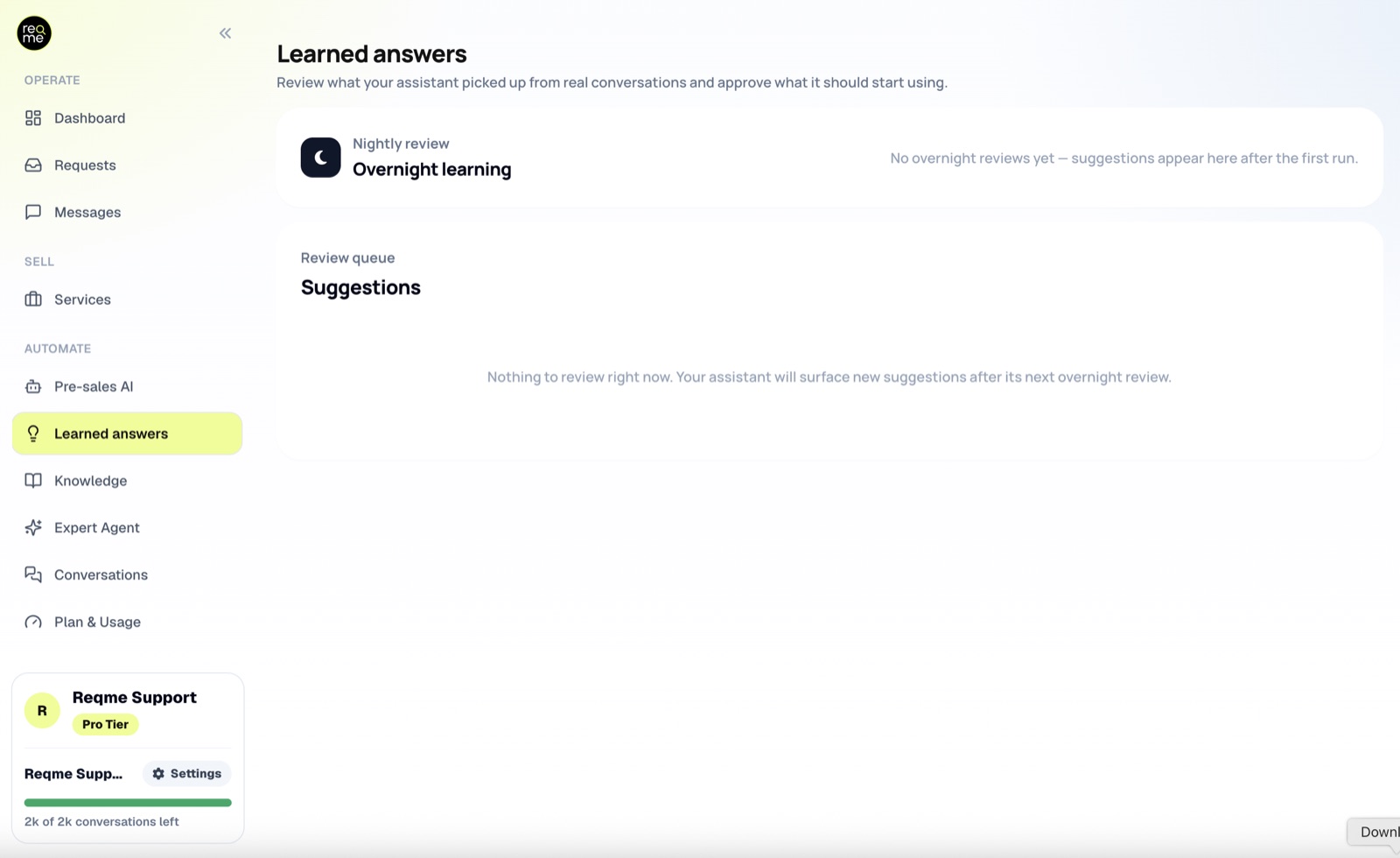 The Learned answers review queue in ReqMe