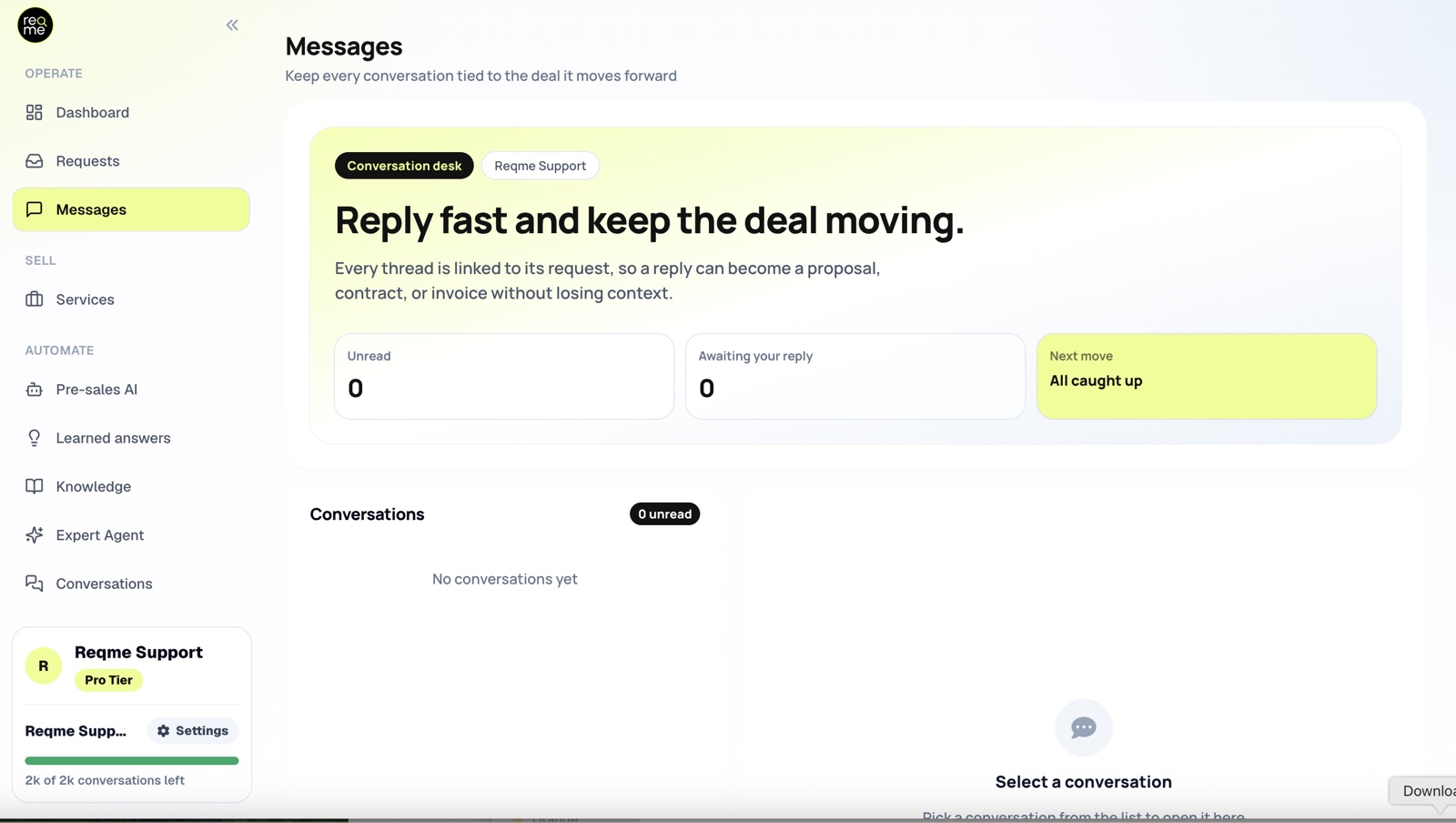 The ReqMe Messages page, showing the conversation desk with unread and awaiting-reply counters and the conversation list