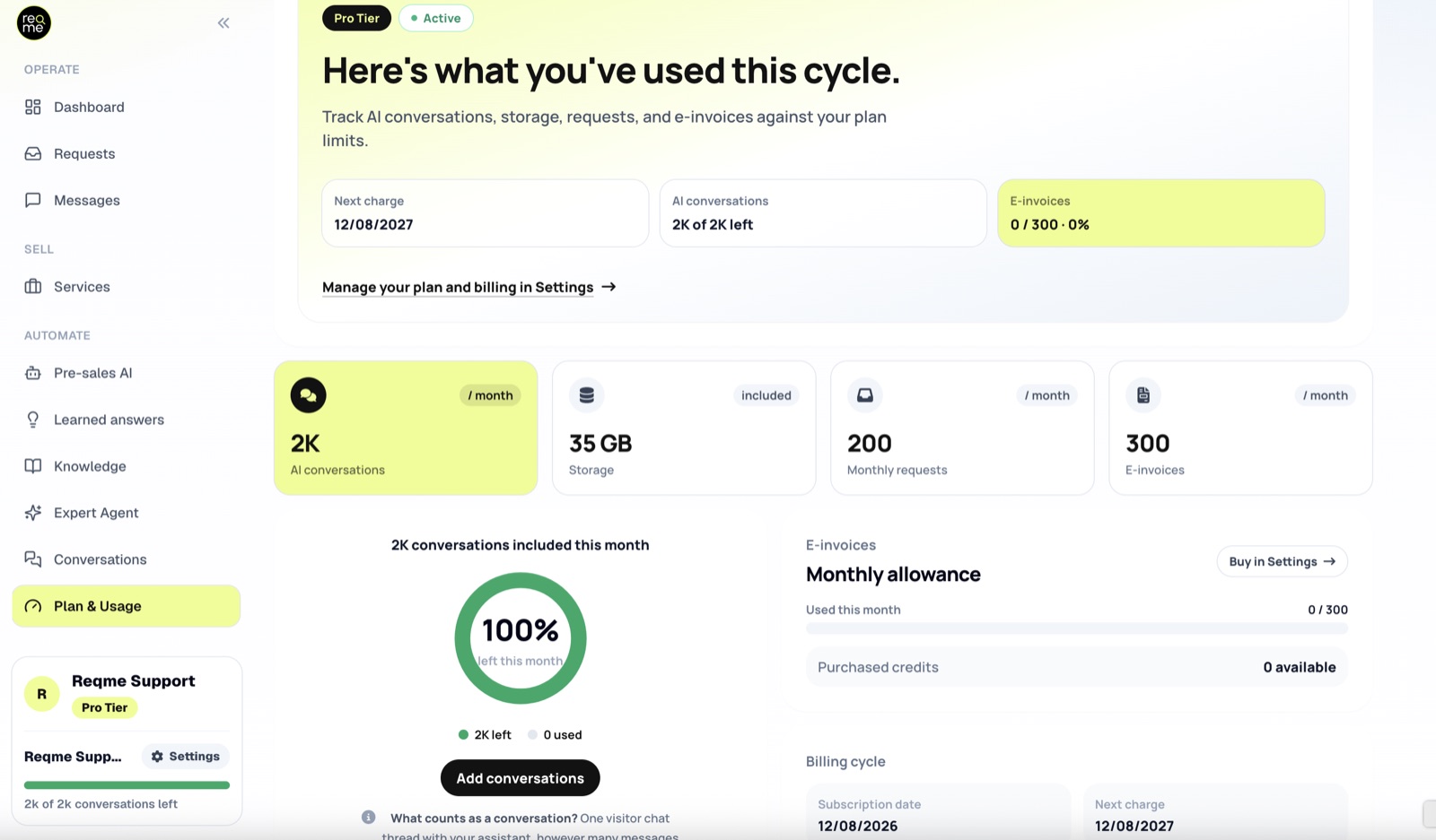 The Plan and Usage screen in ReqMe