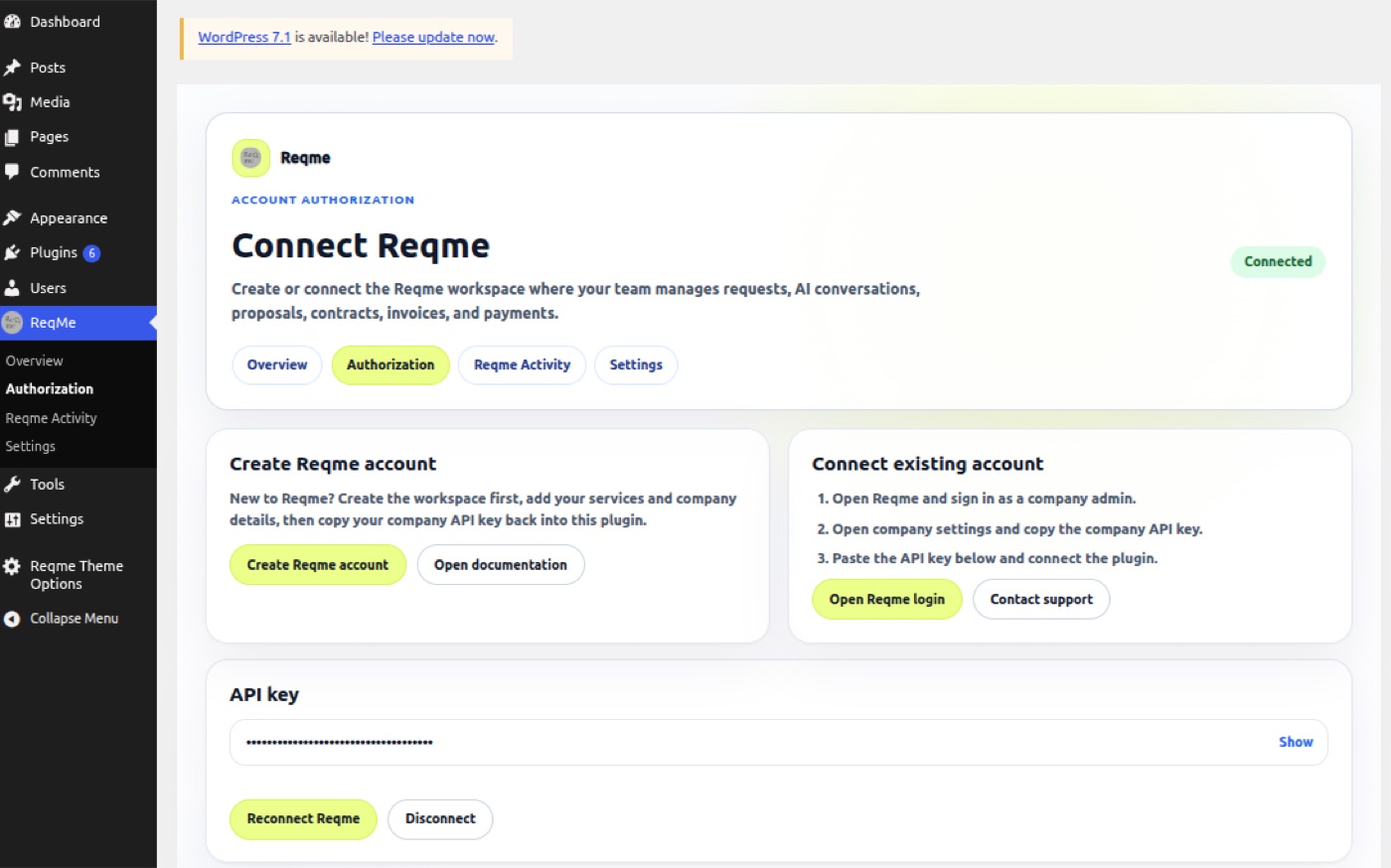 The Reqme plugin Authorization tab with the API key field