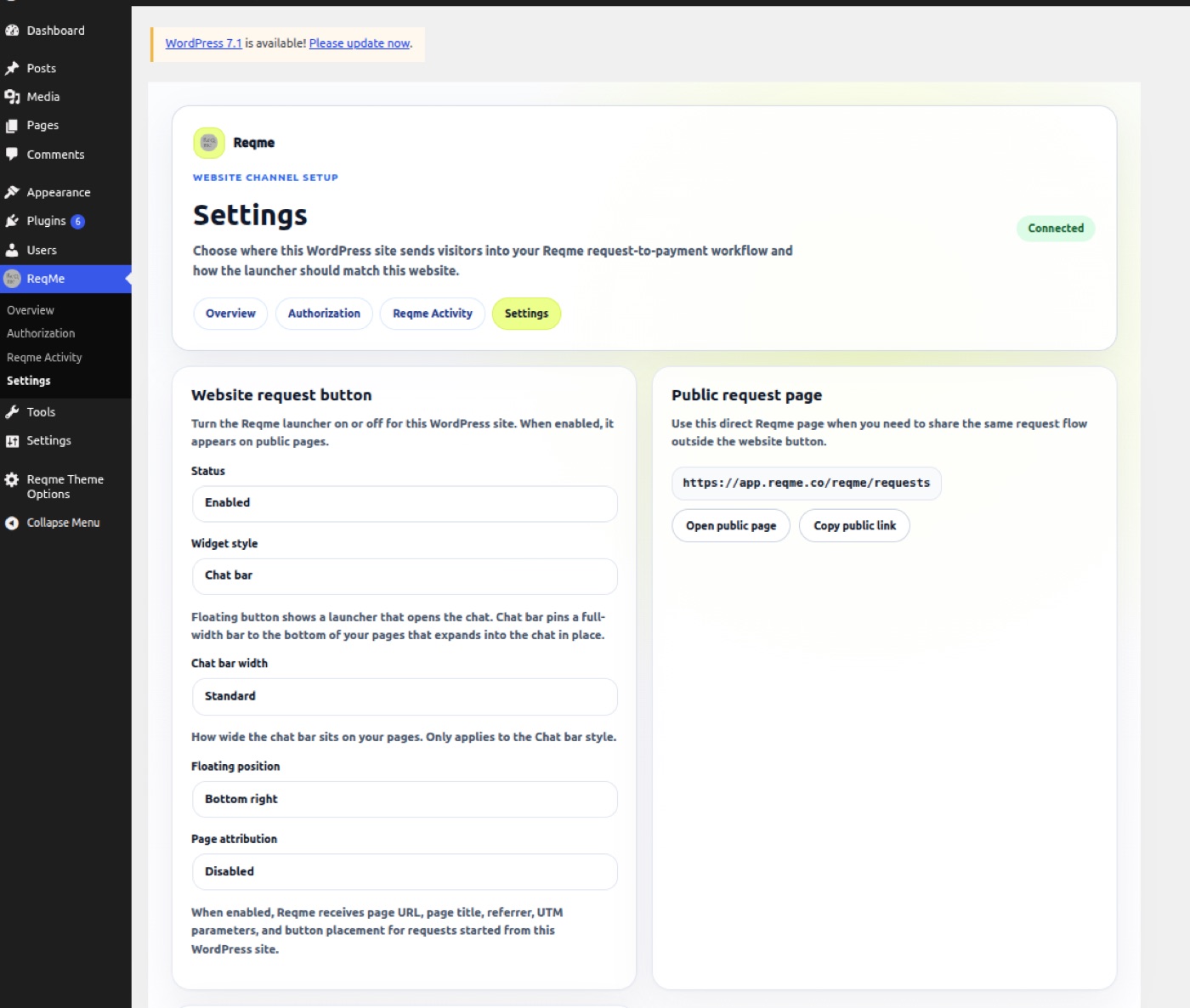 The Reqme plugin Settings tab showing widget style options