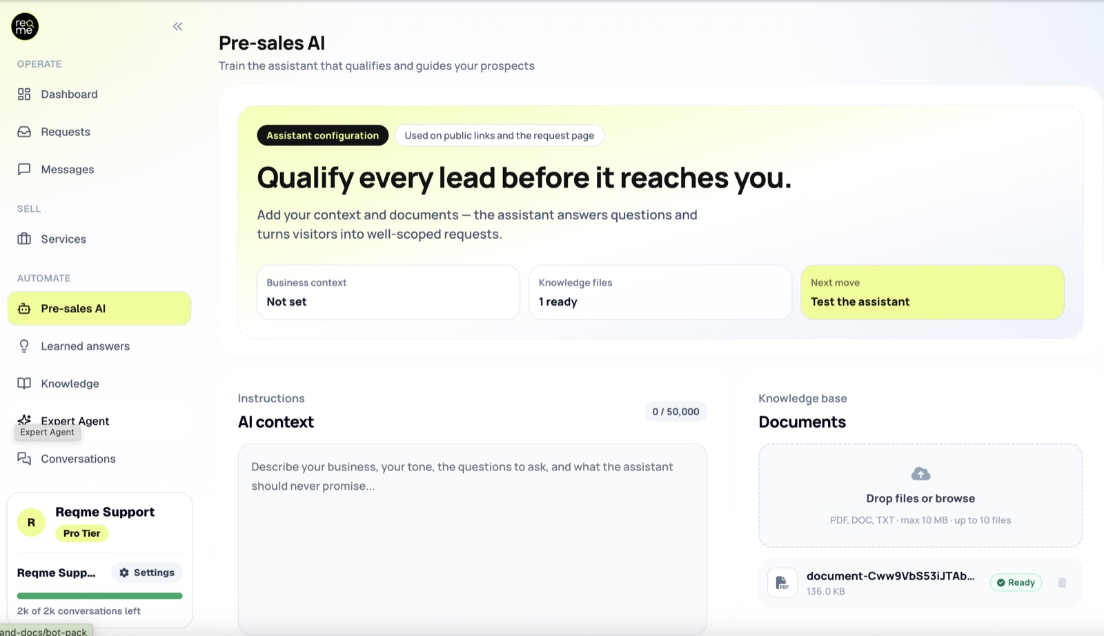The Pre-sales AI configuration screen