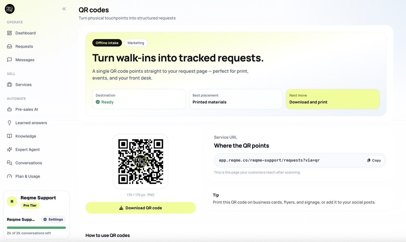 The ReqMe QR codes page showing the generated QR image, its destination URL and the download button