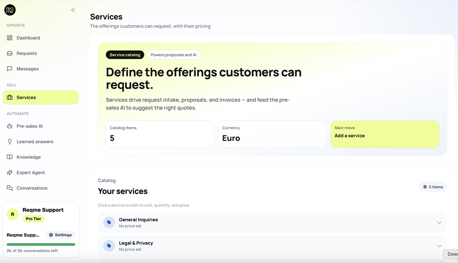 The Services catalogue screen in ReqMe