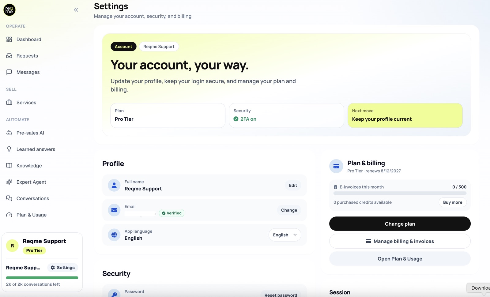 The ReqMe Settings screen